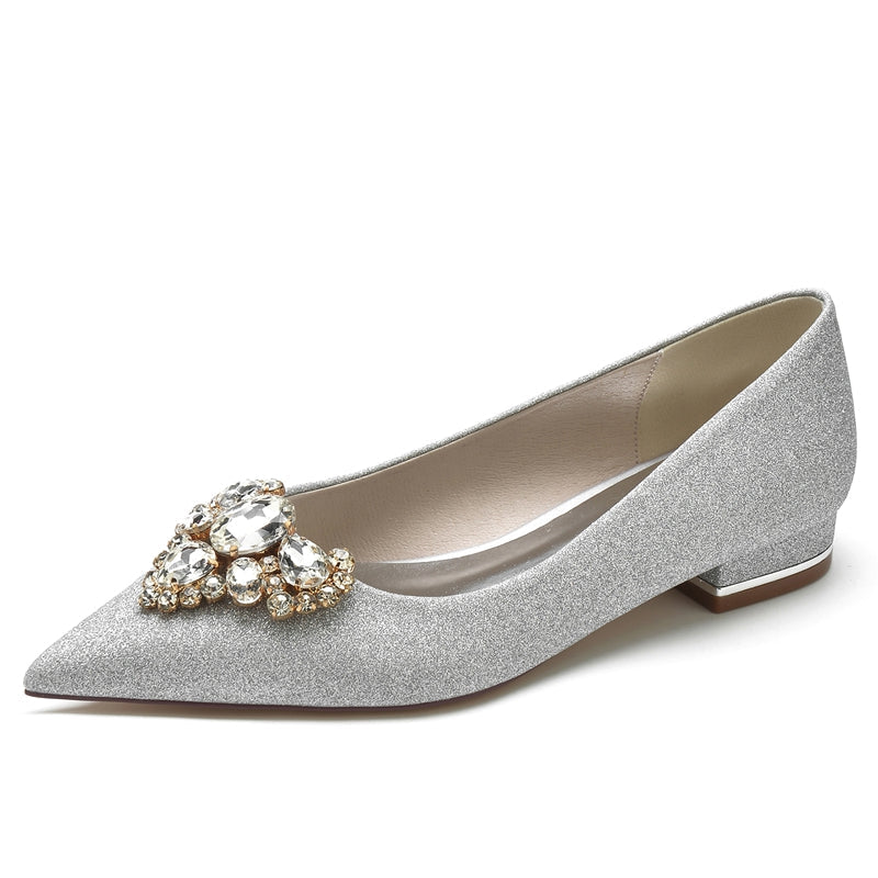 Women's Wedding Shoes Closed Toe Flat Heel Elegant Bridal Shoes with Rhinestone
