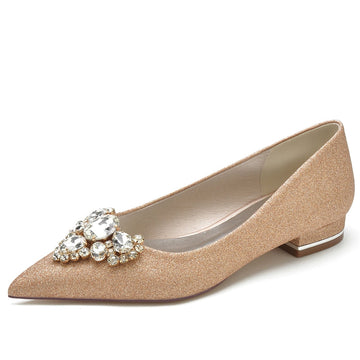 Women's Wedding Shoes Closed Toe Flat Heel Elegant Bridal Shoes with Rhinestone
