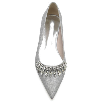 Women's Wedding Shoes Pointed Toe Low Heel Simple Bridal Shoes with Curved Rhinestone