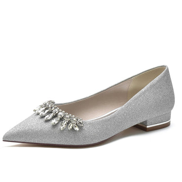 Women's Wedding Shoes Pointed Toe Low Heel Simple Bridal Shoes with Curved Rhinestone