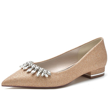 Women's Wedding Shoes Pointed Toe Low Heel Simple Bridal Shoes with Curved Rhinestone