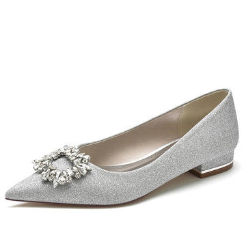Women's Wedding Shoes Closed Toe Flat Heel Elegant Bridal Shoes with Square Rhinestone