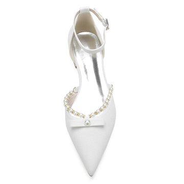 Women's Wedding Shoes White Point Toe Low Heel Buckle Bridal Shoes with Pearl & Bowknot