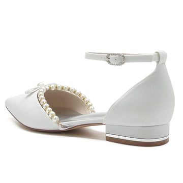 Women's Wedding Shoes White Point Toe Low Heel Buckle Bridal Shoes with Pearl & Bowknot
