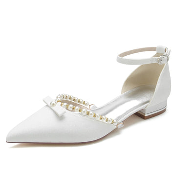Women's Wedding Shoes White Point Toe Low Heel Buckle Bridal Shoes with Pearl & Bowknot