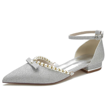 Women's Wedding Shoes White Point Toe Low Heel Buckle Bridal Shoes with Pearl & Bowknot