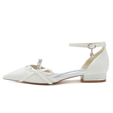 Women's Wedding Shoes White Closed Toe Exquisite Buckle Bridal Shoes with Rhinestone & Bow