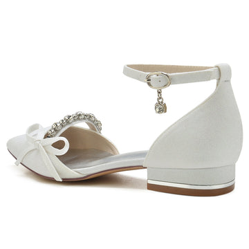Women's Wedding Shoes White Closed Toe Exquisite Buckle Bridal Shoes with Rhinestone & Bow
