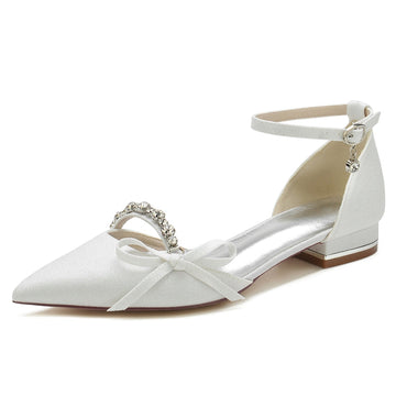 Women's Wedding Shoes White Closed Toe Exquisite Buckle Bridal Shoes with Rhinestone & Bow