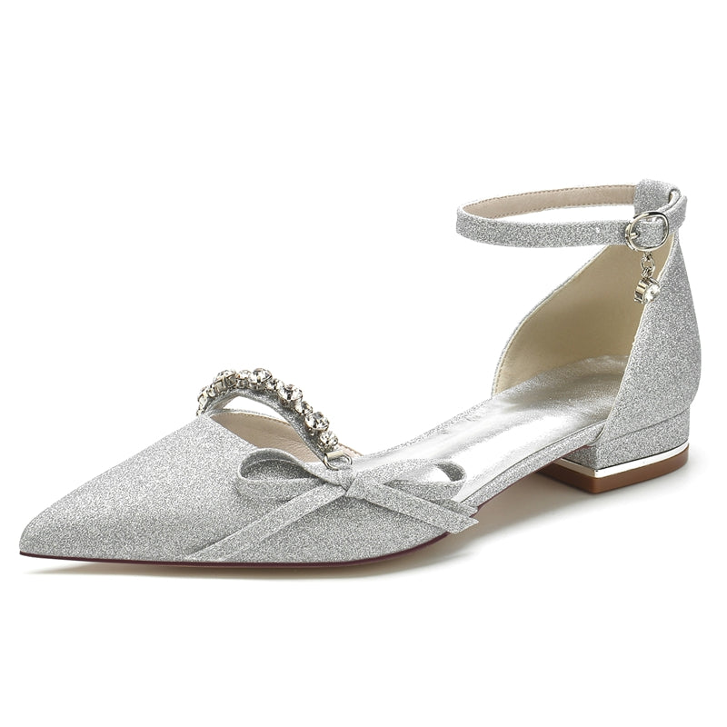 Women's Wedding Shoes White Closed Toe Exquisite Buckle Bridal Shoes with Rhinestone & Bow