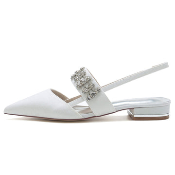 Women's Wedding Shoes White Closed Toe Buckle Slip-On Bridal Shoes with Rhinestone & Beadings