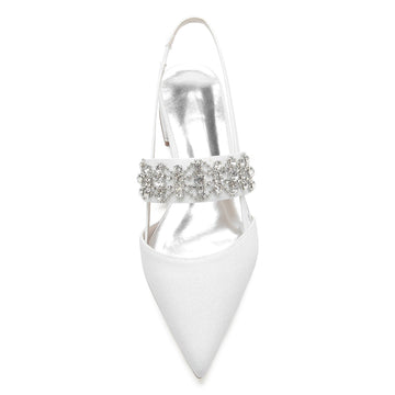 Women's Wedding Shoes White Closed Toe Buckle Slip-On Bridal Shoes with Rhinestone & Beadings