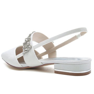 Women's Wedding Shoes White Closed Toe Buckle Slip-On Bridal Shoes with Rhinestone & Beadings