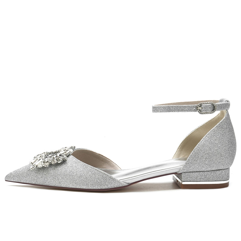 Women's Wedding Shoes Closed Toe Low Heel Sparkling Buckle Bridal Shoes with Square Rhinestone