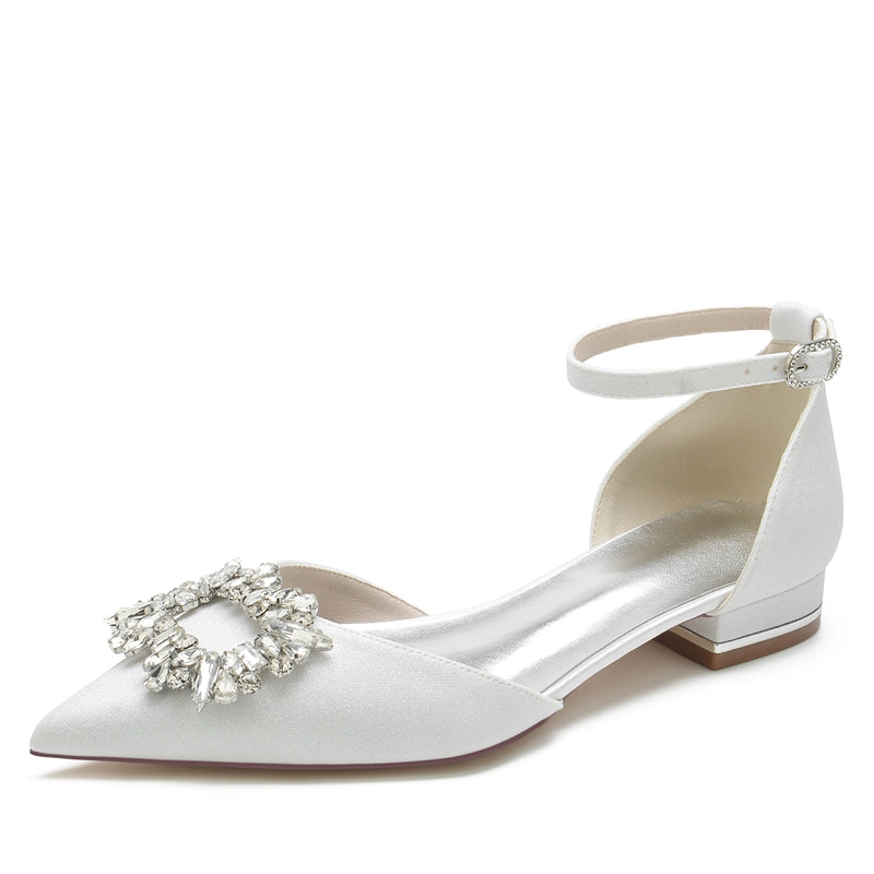 Women's Wedding Shoes Closed Toe Low Heel Sparkling Buckle Bridal Shoes with Square Rhinestone