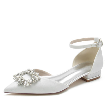 Women's Wedding Shoes Closed Toe Low Heel Sparkling Buckle Bridal Shoes with Square Rhinestone