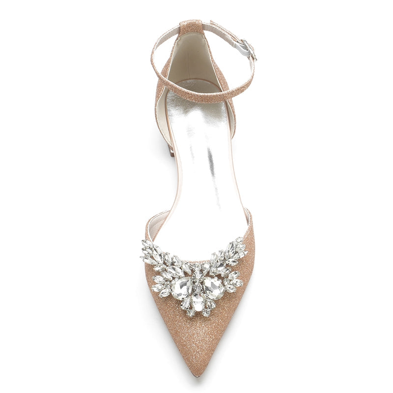 Women's Wedding Shoes Pointed Toe Flat Heel Luxurious Buckle Bridal Shoes with Delicate Rhinestone