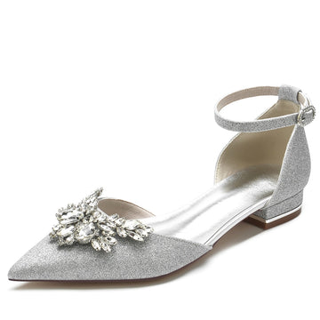 Women's Wedding Shoes Pointed Toe Flat Heel Luxurious Buckle Bridal Shoes with Delicate Rhinestone