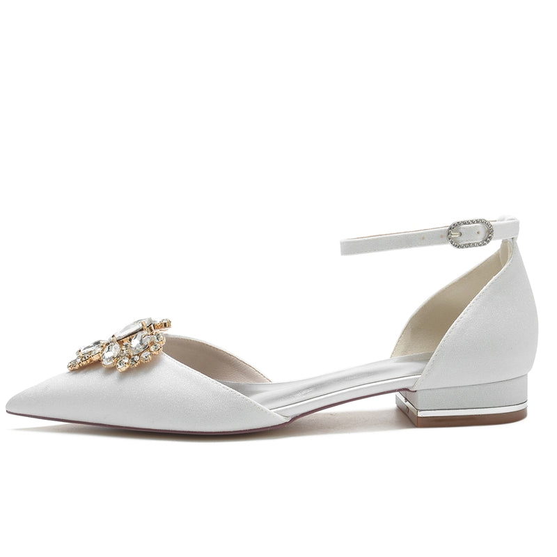 Women's Wedding Shoes Pointed Toe Flat Heel Elegant Buckle Bridal Shoes with Rhinestone