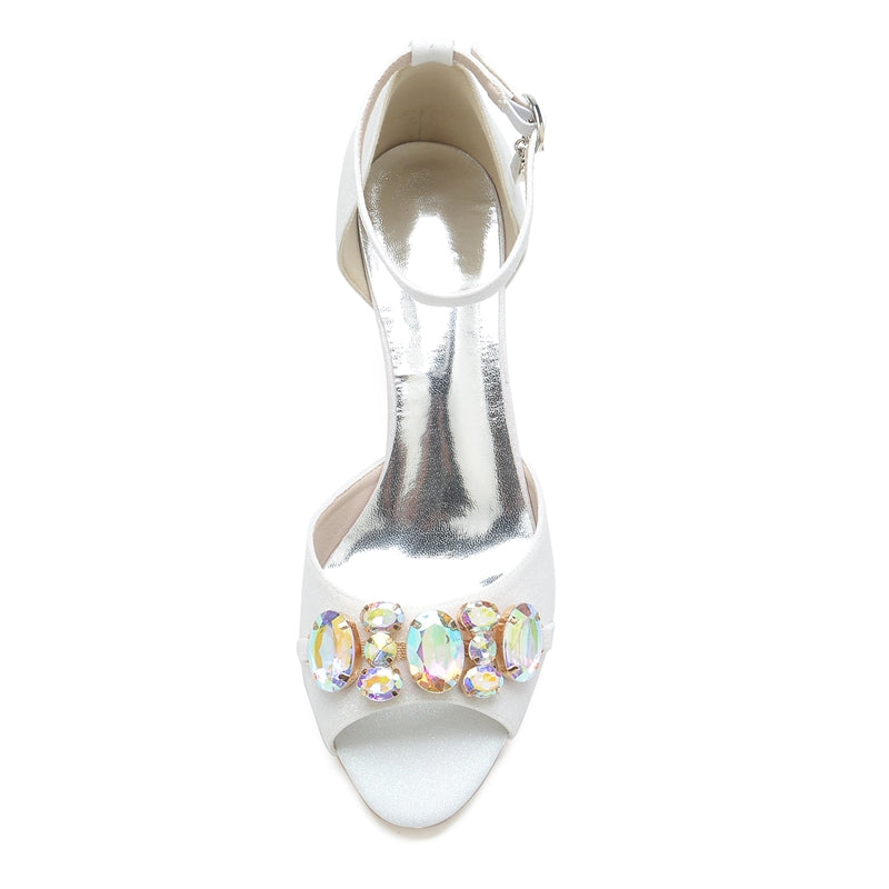 Women's Wedding Shoes Peep Toe Mid Heel Buckle Bridal Shoes with Colorful Rhinestone