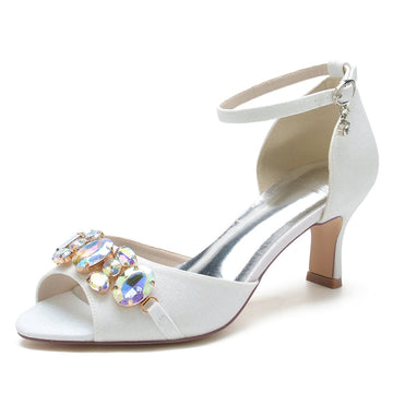 Women's Wedding Shoes Peep Toe Mid Heel Buckle Bridal Shoes with Colorful Rhinestone