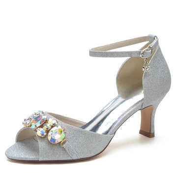 Women's Wedding Shoes Peep Toe Mid Heel Buckle Bridal Shoes with Colorful Rhinestone
