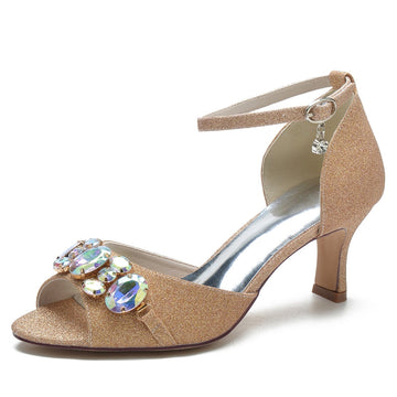 Women's Wedding Shoes Peep Toe Mid Heel Buckle Bridal Shoes with Colorful Rhinestone