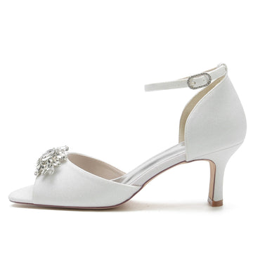 Women's Wedding Shoes Peep Toe Mid Heel Buckle Bridal Shoes with Luxurious Rhinestone