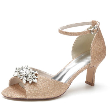 Women's Wedding Shoes Peep Toe Mid Heel Buckle Bridal Shoes with Luxurious Rhinestone