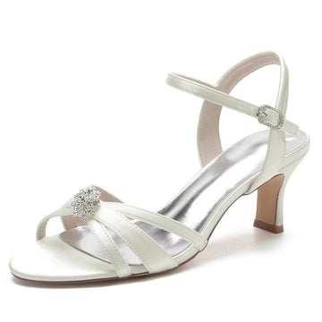 Women's Wedding Shoes Opened Toe Mid Heel Crossed Straps Buckle Bridal Shoes with Rhinestone