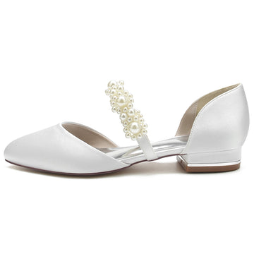 Women's Wedding Shoes Round Toe Low Heel Pearl Straps Elegant Bridal Shoes