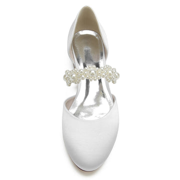 Women's Wedding Shoes Round Toe Low Heel Pearl Straps Elegant Bridal Shoes