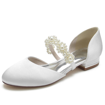 Women's Wedding Shoes Round Toe Low Heel Pearl Straps Elegant Bridal Shoes