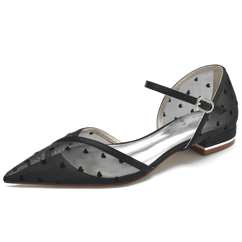 Women's Wedding Shoes Pointed Toe Low Heel Tulle Buckle Bridal Shoes with Printed Heart