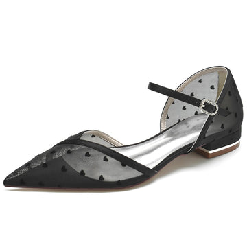 Women's Wedding Shoes Pointed Toe Low Heel Tulle Buckle Bridal Shoes with Printed Heart