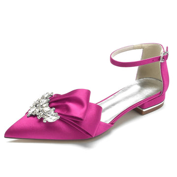 Women's Wedding Shoes Pointed Toe Flat Heel Buckle Elegant Bridal Shoes with Rhinestone & Ruffles