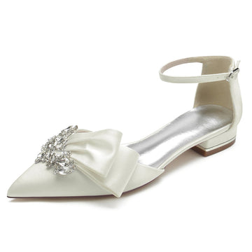 Women's Wedding Shoes Pointed Toe Flat Heel Buckle Elegant Bridal Shoes with Rhinestone & Ruffles