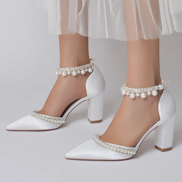 Women's Wedding Shoes Pointed Toe Block Heel Luxury Buckle Bridal Shoes with Crystal & Pearl