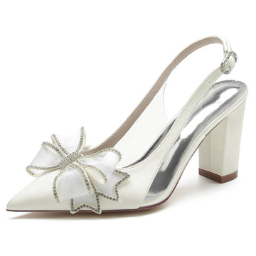 Women's Wedding Shoes Pointed Toe Chunky Heel Buckle Bridal Shoes with Bow & Opened Back