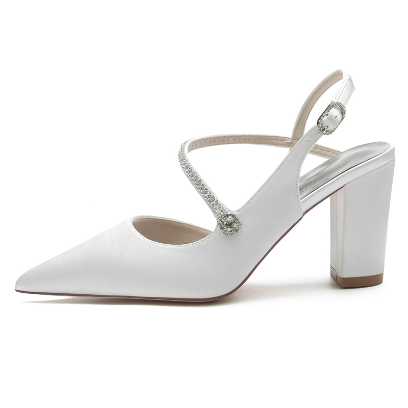 Women's Wedding Shoes Closed Toe Chunky Heel Crossed Straps Rhinestone Buckle Bridal Shoes
