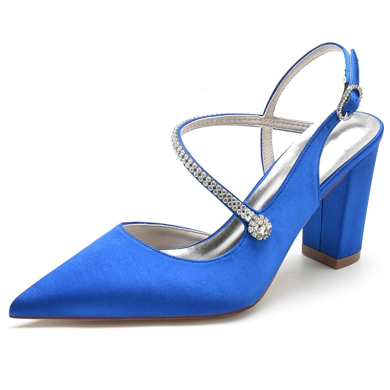 Women's Wedding Shoes Closed Toe Chunky Heel Crossed Straps Rhinestone Buckle Bridal Shoes