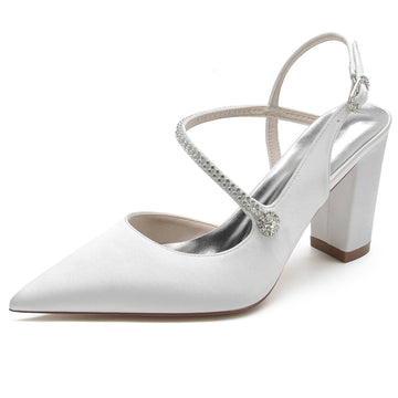 Women's Wedding Shoes Closed Toe Chunky Heel Crossed Straps Rhinestone Buckle Bridal Shoes