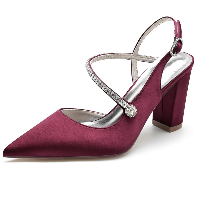 Women's Wedding Shoes Closed Toe Chunky Heel Crossed Straps Rhinestone Buckle Bridal Shoes