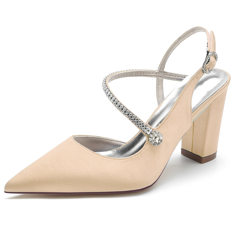 Women's Wedding Shoes Closed Toe Chunky Heel Crossed Straps Rhinestone Buckle Bridal Shoes