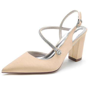 Women's Wedding Shoes Closed Toe Chunky Heel Crossed Straps Rhinestone Buckle Bridal Shoes