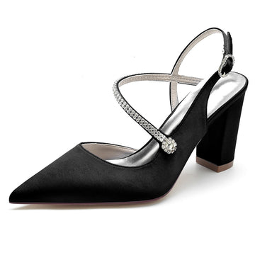 Women's Wedding Shoes Closed Toe Chunky Heel Crossed Straps Rhinestone Buckle Bridal Shoes