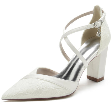 Women's Wedding Shoes White Pointed Toe Block Heel Crossed Straps Lace Buckle Bridal Shoes