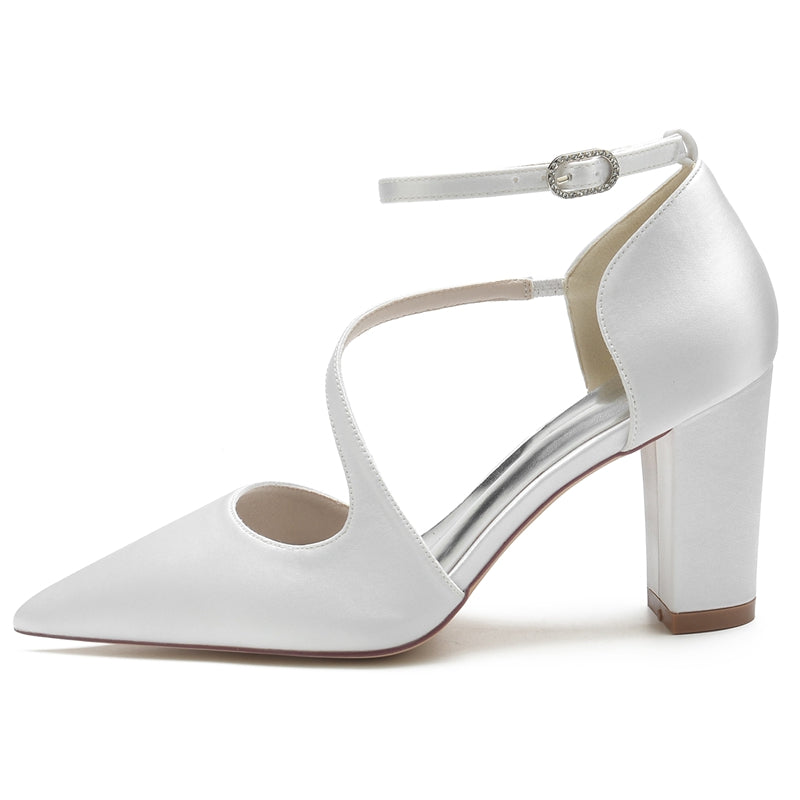 Women's Wedding Shoes Black Closed Toe Block Heel Crossed Straps Buckle Bridal Shoes