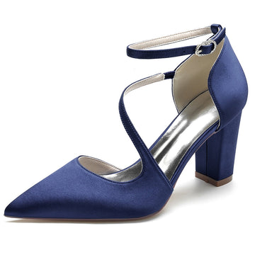 Women's Wedding Shoes Black Closed Toe Block Heel Crossed Straps Buckle Bridal Shoes