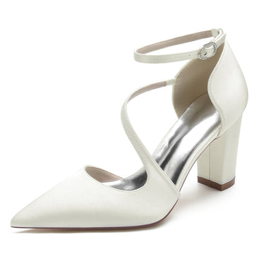 Women's Wedding Shoes Black Closed Toe Block Heel Crossed Straps Buckle Bridal Shoes
